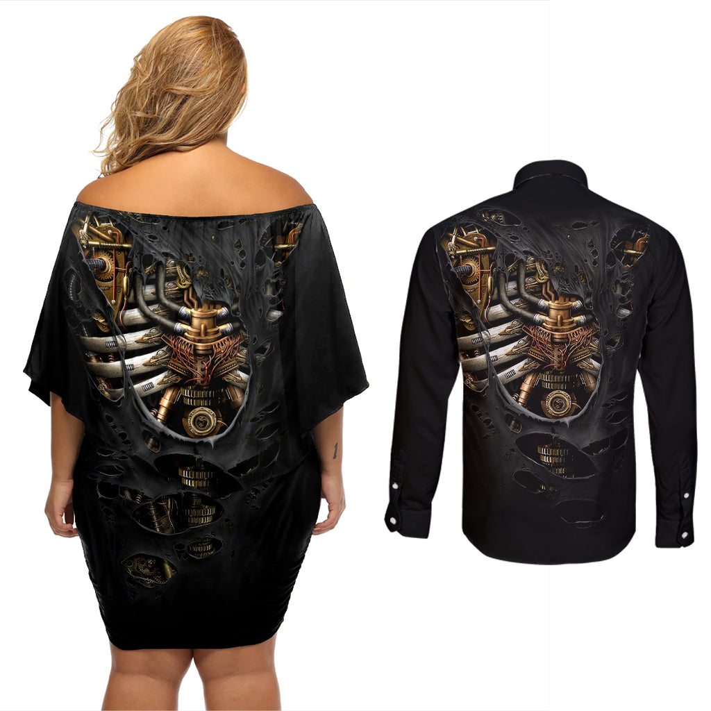 Skull Couples Matching Off Shoulder Short Dress and Long Sleeve Button Shirts Skeleton Steampunk Heart Inside - Wonder Print Shop