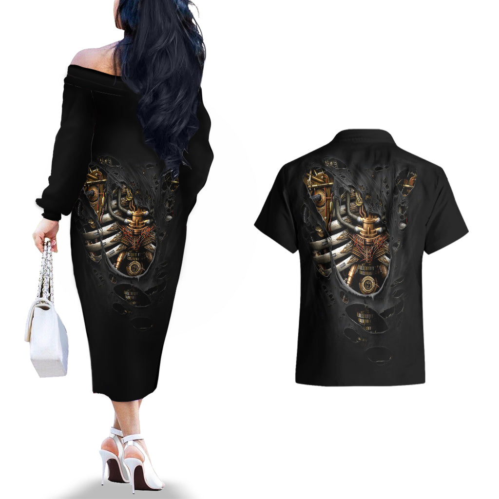 Skull Couples Matching Off The Shoulder Long Sleeve Dress and Hawaiian Shirt Skeleton Steampunk Heart Inside - Wonder Print Shop