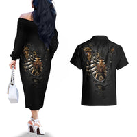 Skull Couples Matching Off The Shoulder Long Sleeve Dress and Hawaiian Shirt Skeleton Steampunk Heart Inside - Wonder Print Shop