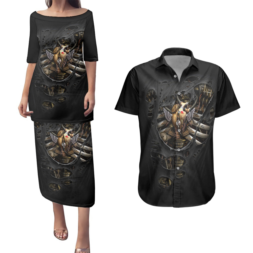Skull Couples Matching Puletasi Dress and Hawaiian Shirt Skeleton Steampunk Heart Inside - Wonder Print Shop