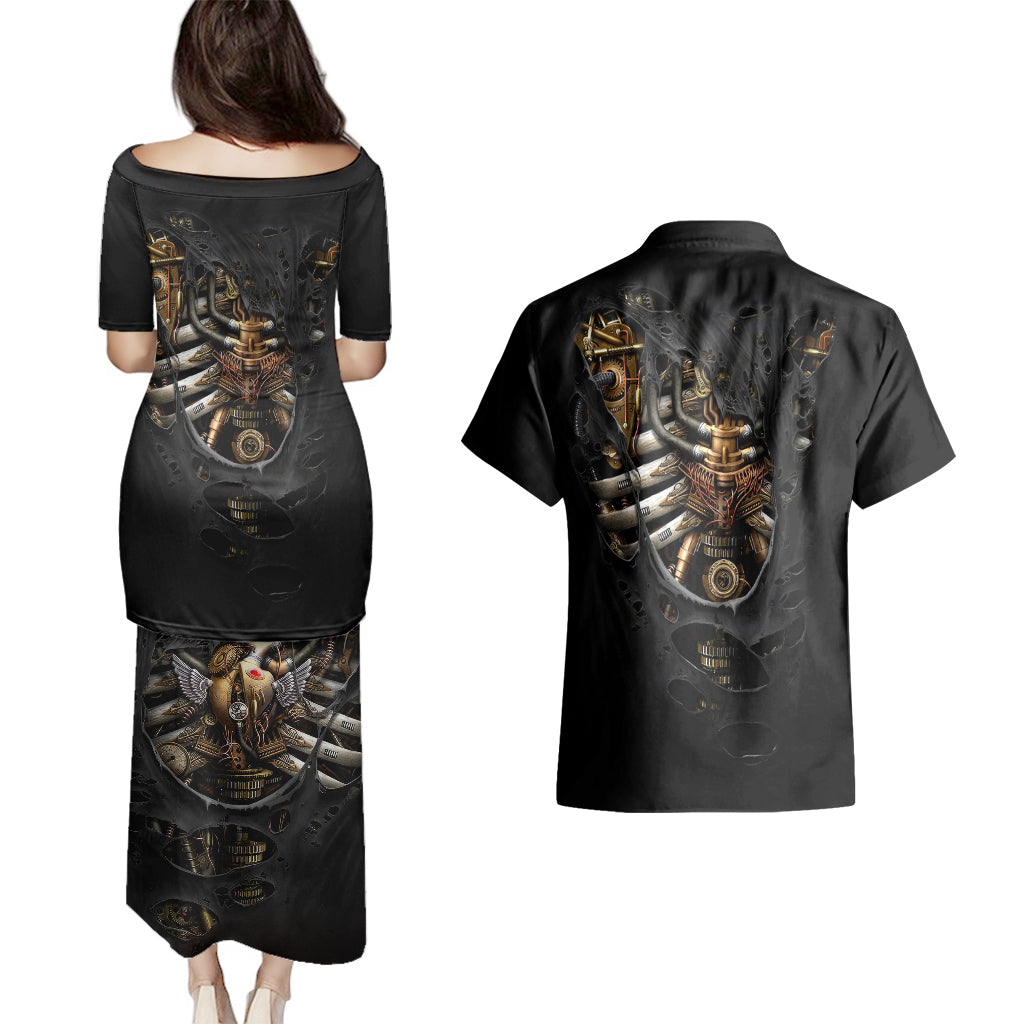 Skull Couples Matching Puletasi Dress and Hawaiian Shirt Skeleton Steampunk Heart Inside - Wonder Print Shop