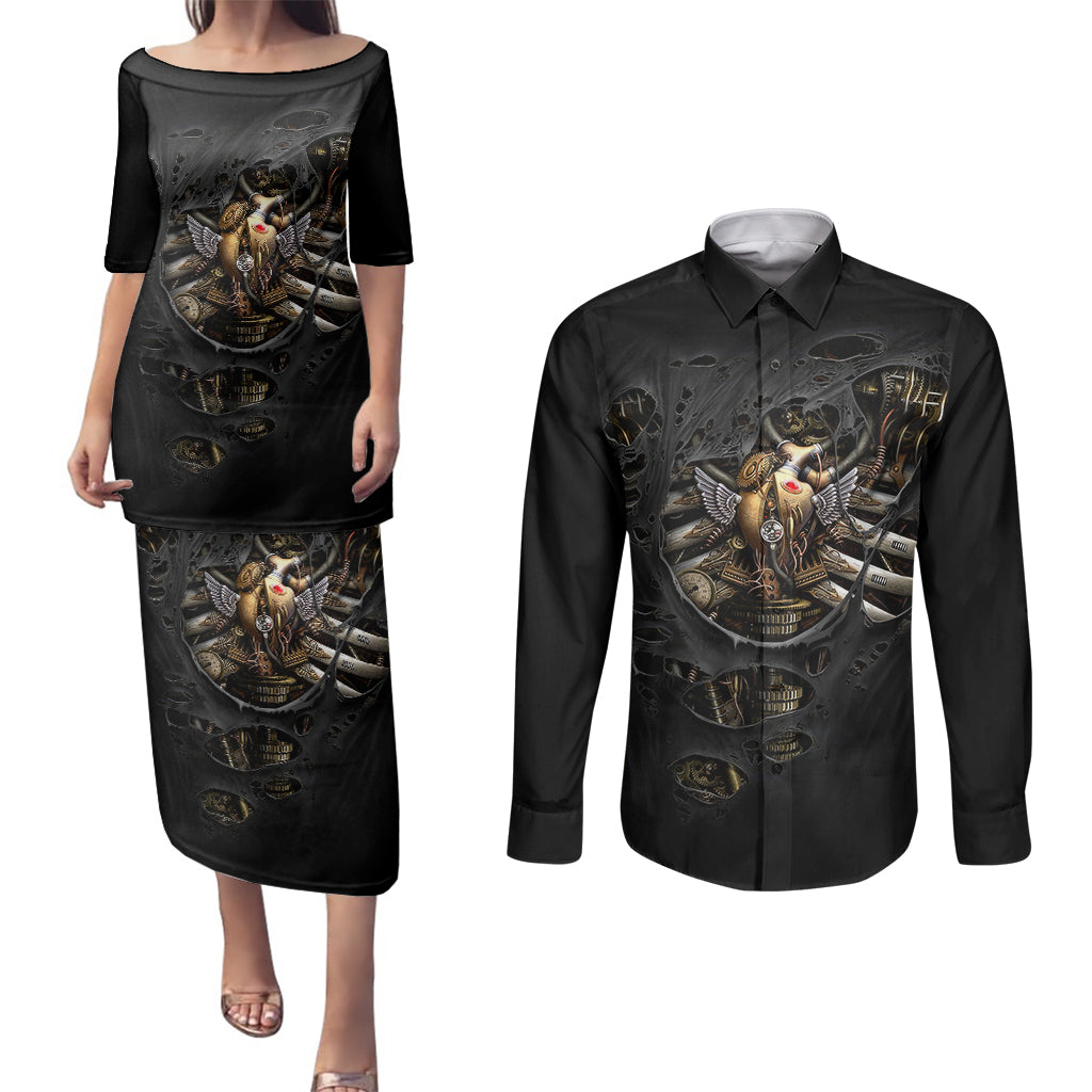 Skull Couples Matching Puletasi Dress and Long Sleeve Button Shirts Skeleton Steampunk Heart Inside - Wonder Print Shop