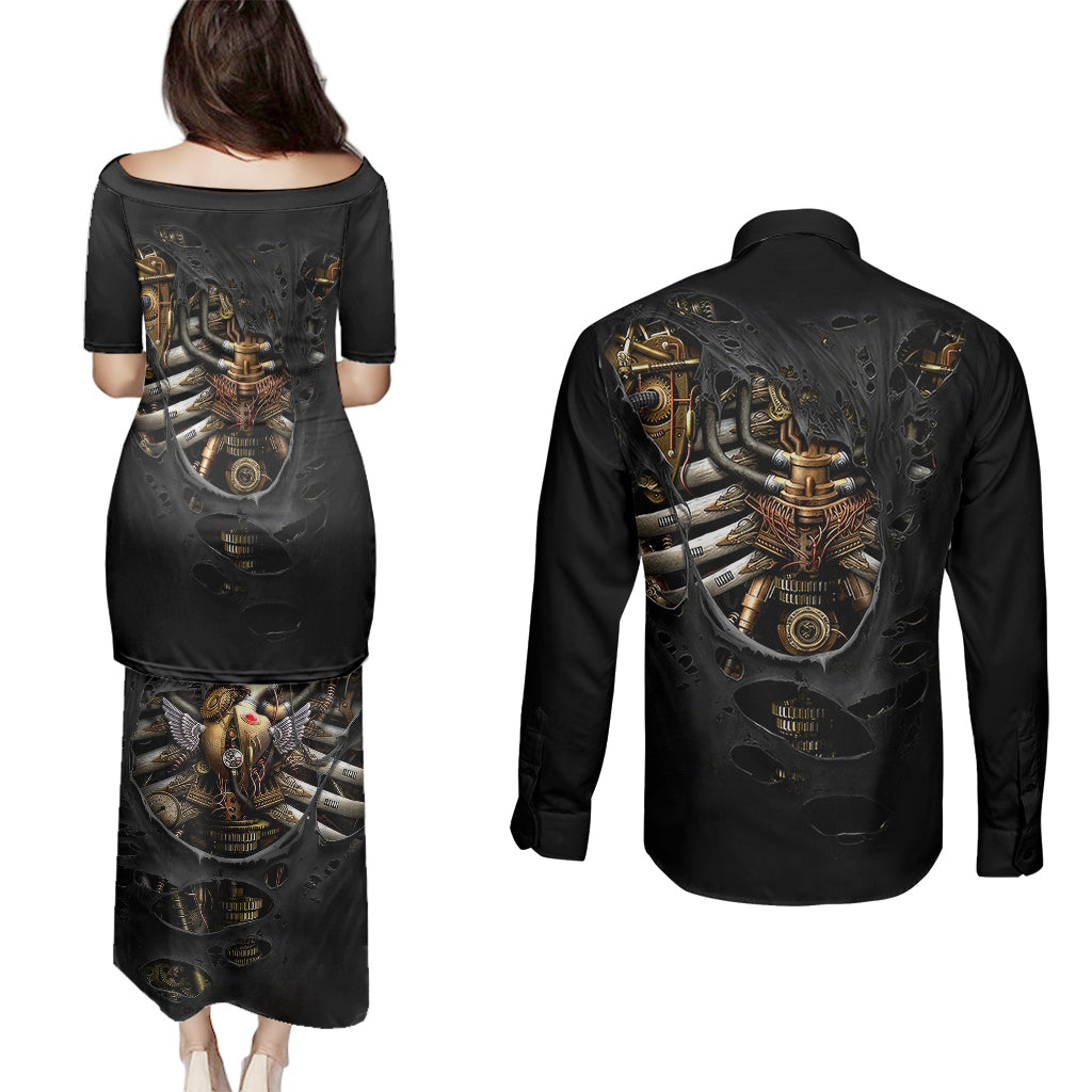 Skull Couples Matching Puletasi Dress and Long Sleeve Button Shirts Skeleton Steampunk Heart Inside - Wonder Print Shop