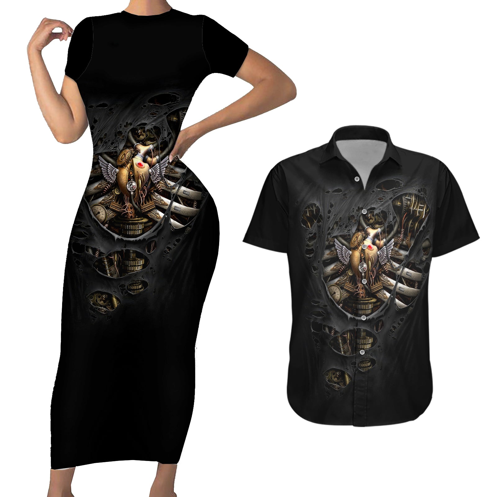 Skull Couples Matching Short Sleeve Bodycon Dress and Hawaiian Shirt Skeleton Steampunk Heart Inside - Wonder Print Shop