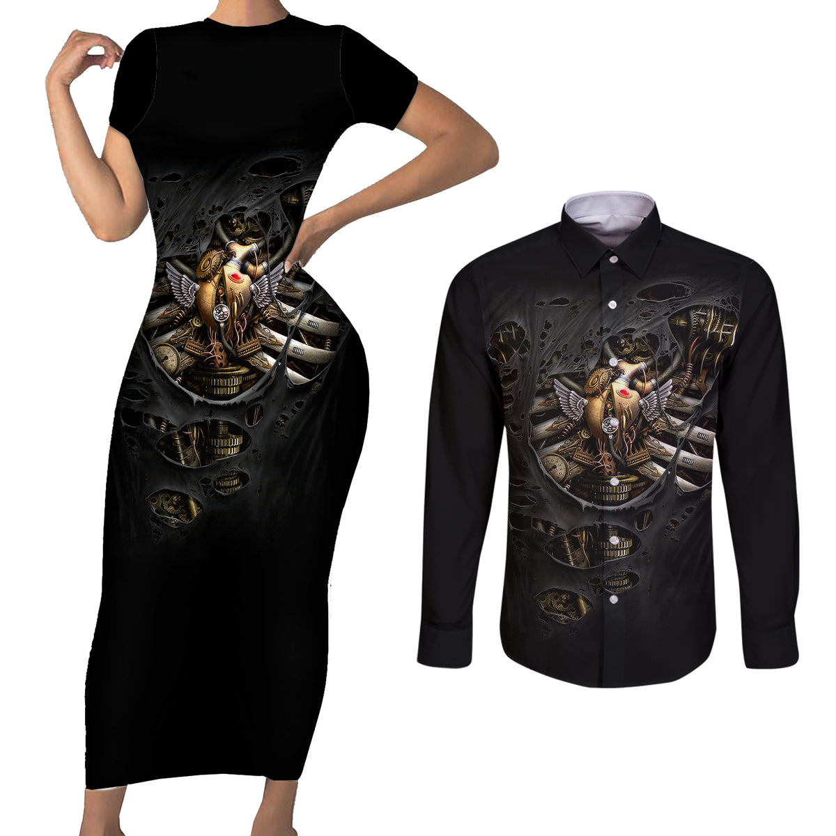 Skull Couples Matching Short Sleeve Bodycon Dress and Long Sleeve Button Shirts Skeleton Steampunk Heart Inside - Wonder Print Shop