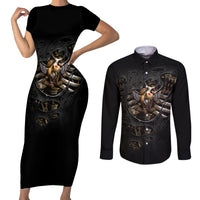 Skull Couples Matching Short Sleeve Bodycon Dress and Long Sleeve Button Shirts Skeleton Steampunk Heart Inside - Wonder Print Shop