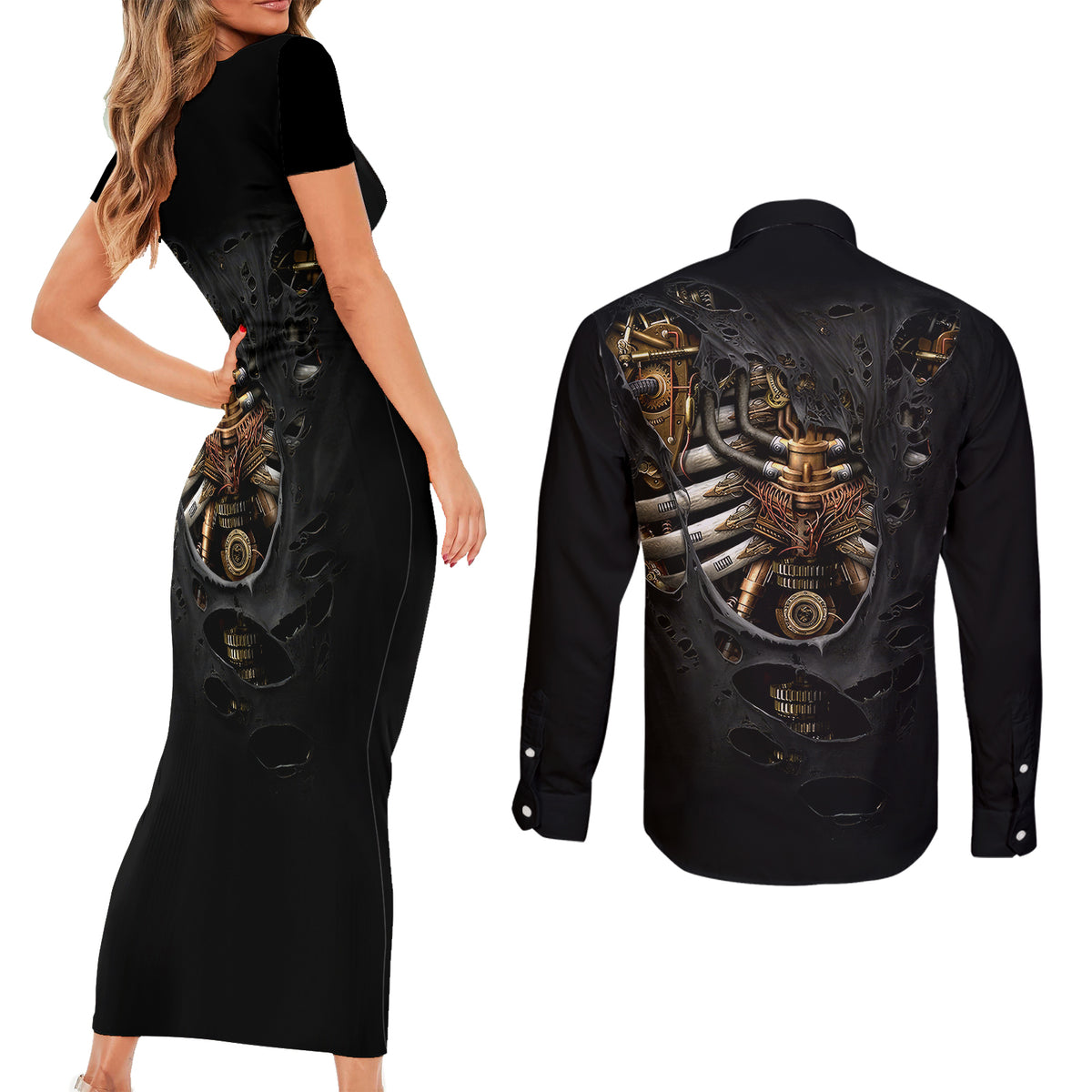 Skull Couples Matching Short Sleeve Bodycon Dress and Long Sleeve Button Shirts Skeleton Steampunk Heart Inside - Wonder Print Shop