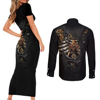 Skull Couples Matching Short Sleeve Bodycon Dress and Long Sleeve Button Shirts Skeleton Steampunk Heart Inside - Wonder Print Shop