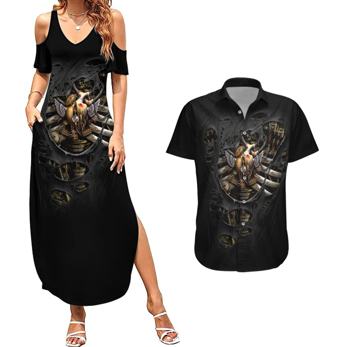 Skull Couples Matching Summer Maxi Dress and Hawaiian Shirt Skeleton Steampunk Heart Inside - Wonder Print Shop