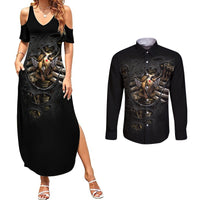Skull Couples Matching Summer Maxi Dress and Long Sleeve Button Shirts Skeleton Steampunk Heart Inside - Wonder Print Shop