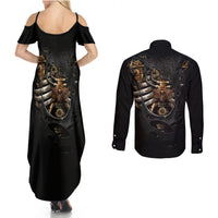 Skull Couples Matching Summer Maxi Dress and Long Sleeve Button Shirts Skeleton Steampunk Heart Inside - Wonder Print Shop