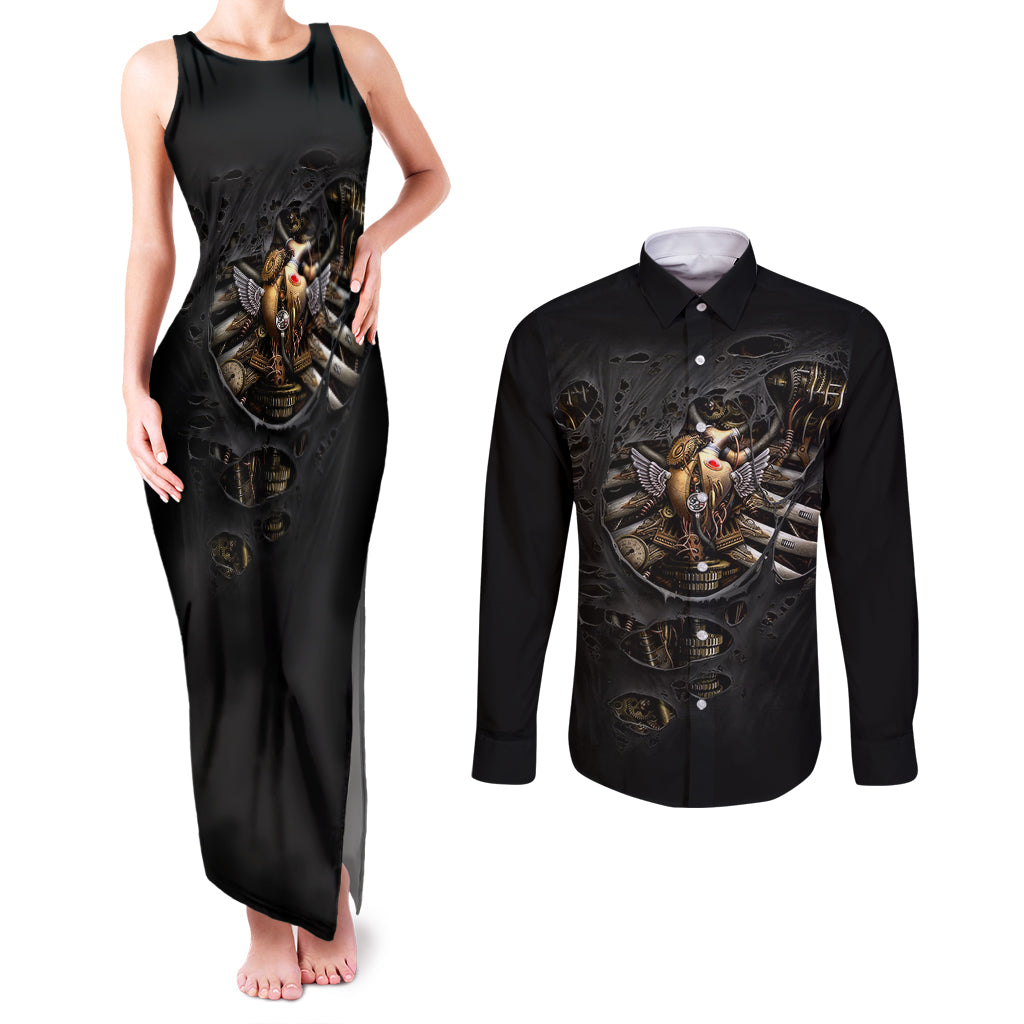 Skull Couples Matching Tank Maxi Dress and Long Sleeve Button Shirts Skeleton Steampunk Heart Inside - Wonder Print Shop