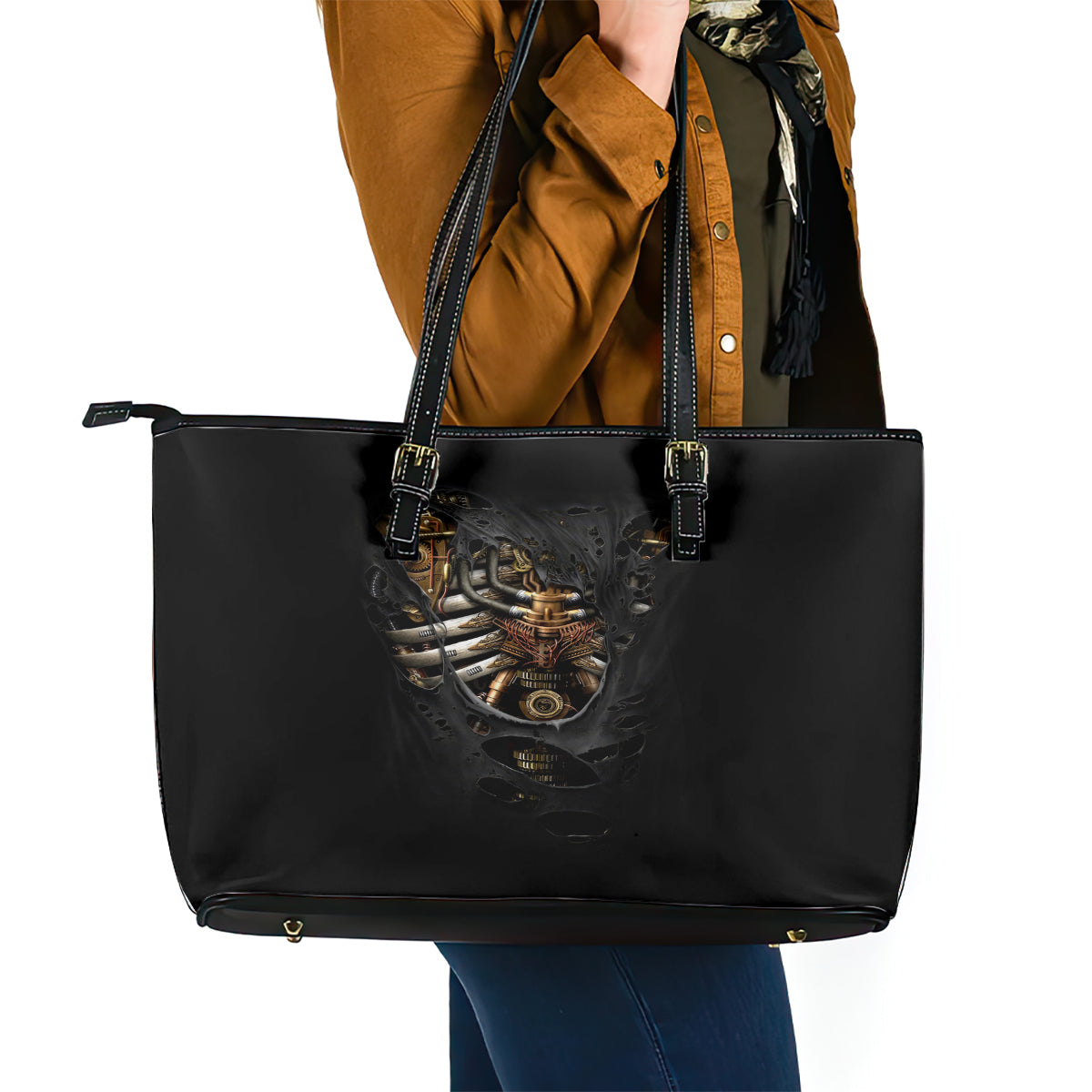 Skull Leather Tote Bag Skeleton Steampunk Heart Inside - Wonder Print Shop