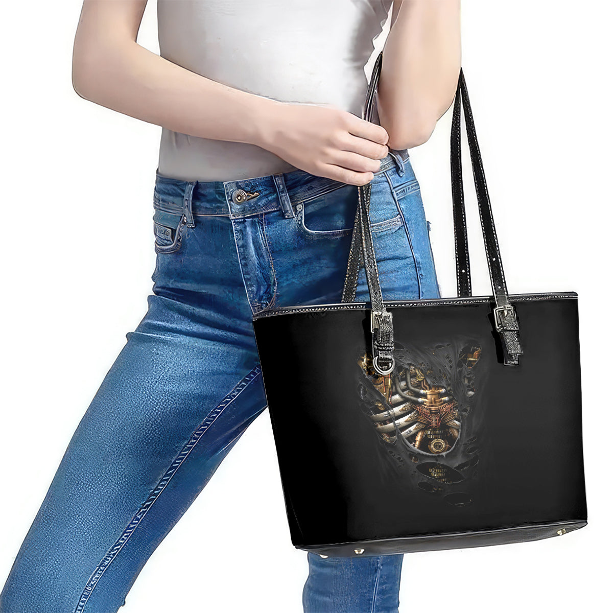 Skull Leather Tote Bag Skeleton Steampunk Heart Inside - Wonder Print Shop