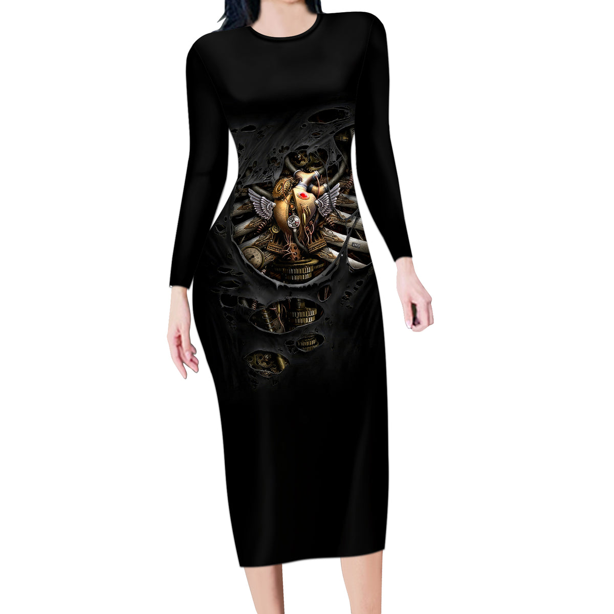 Skull Long Sleeve Bodycon Dress Skeleton Steampunk Heart Inside - Wonder Print Shop