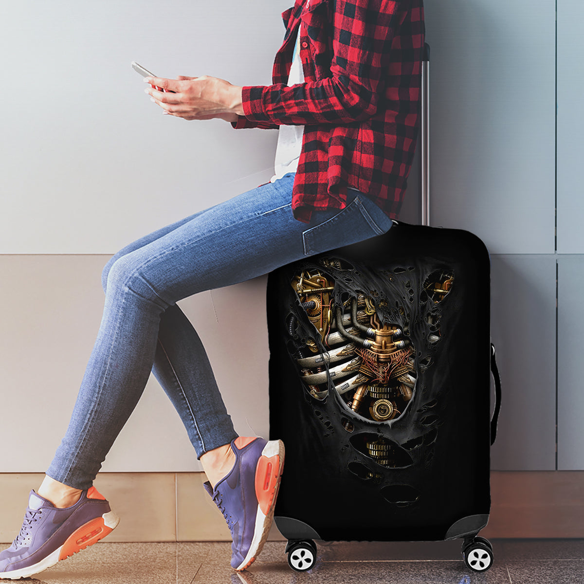 Skull Luggage Cover Skeleton Steampunk Heart Inside - Wonder Print Shop