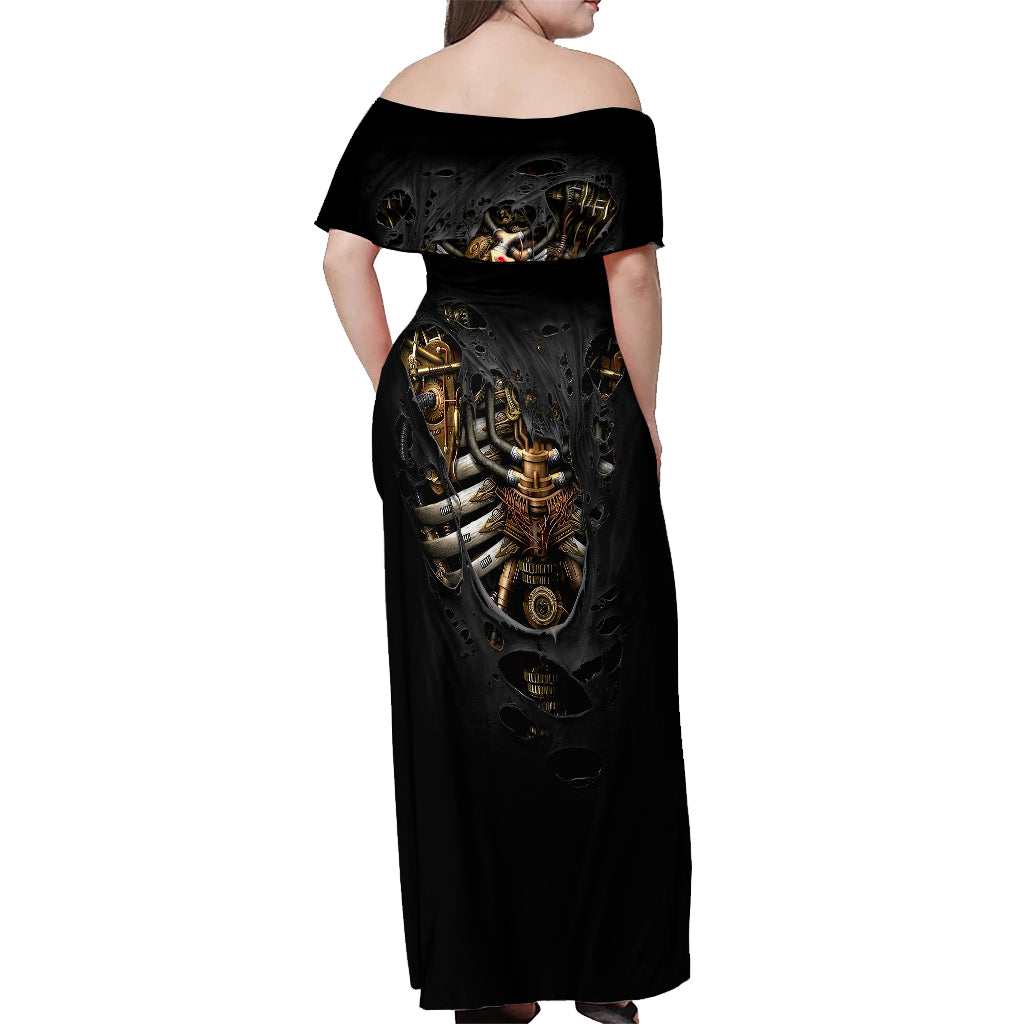 Skull Off Shoulder Maxi Dress Skeleton Steampunk Heart Inside - Wonder Print Shop