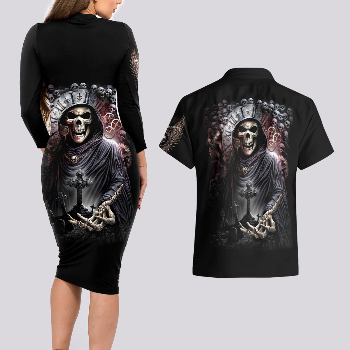 Skull Couples Matching Long Sleeve Bodycon Dress and Hawaiian Shirt Skull Grim Time Reaper - Wonder Print Shop