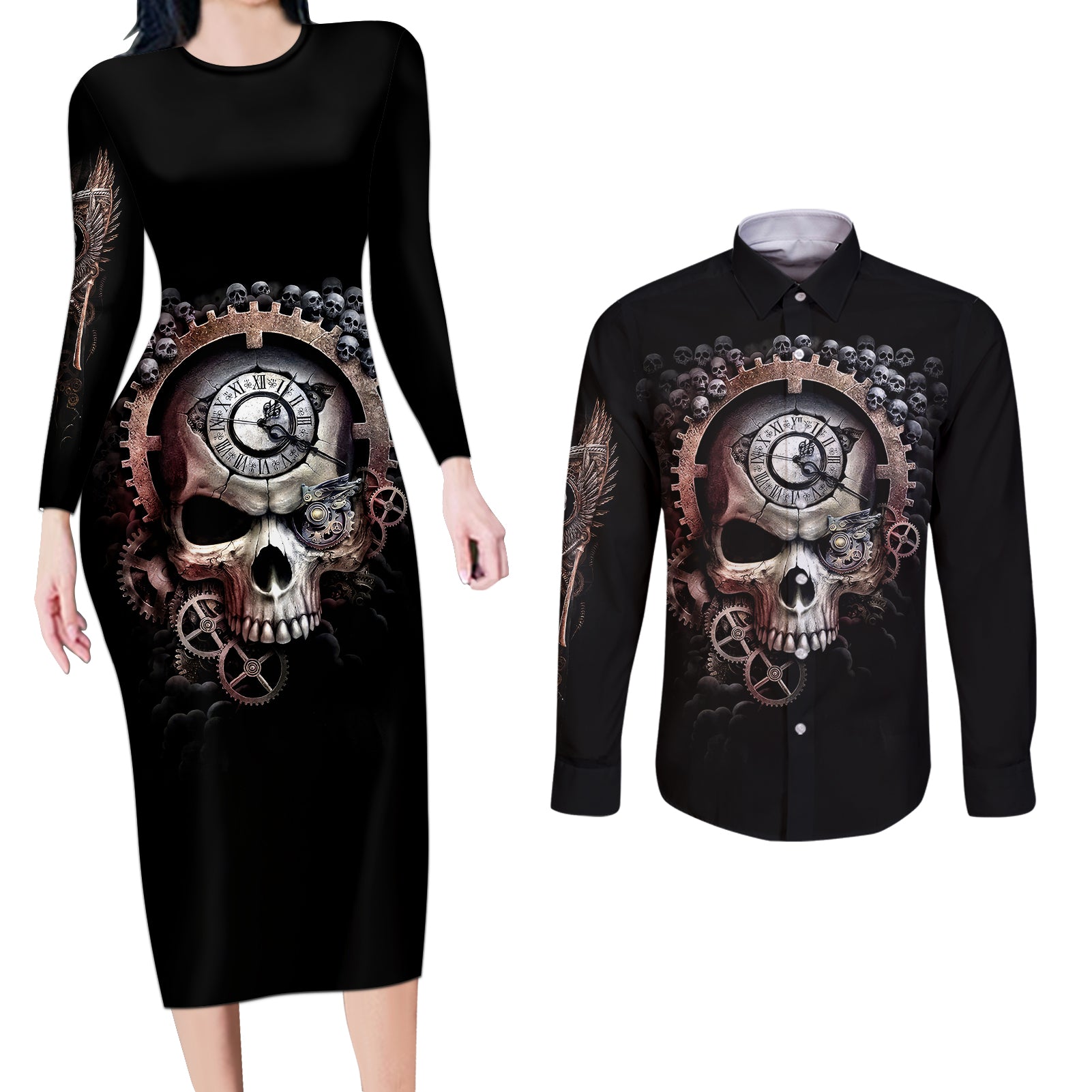 Skull Couples Matching Long Sleeve Bodycon Dress and Long Sleeve Button Shirts Skull Grim Time Reaper - Wonder Print Shop