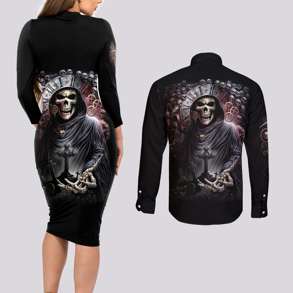 Skull Couples Matching Long Sleeve Bodycon Dress and Long Sleeve Button Shirts Skull Grim Time Reaper - Wonder Print Shop