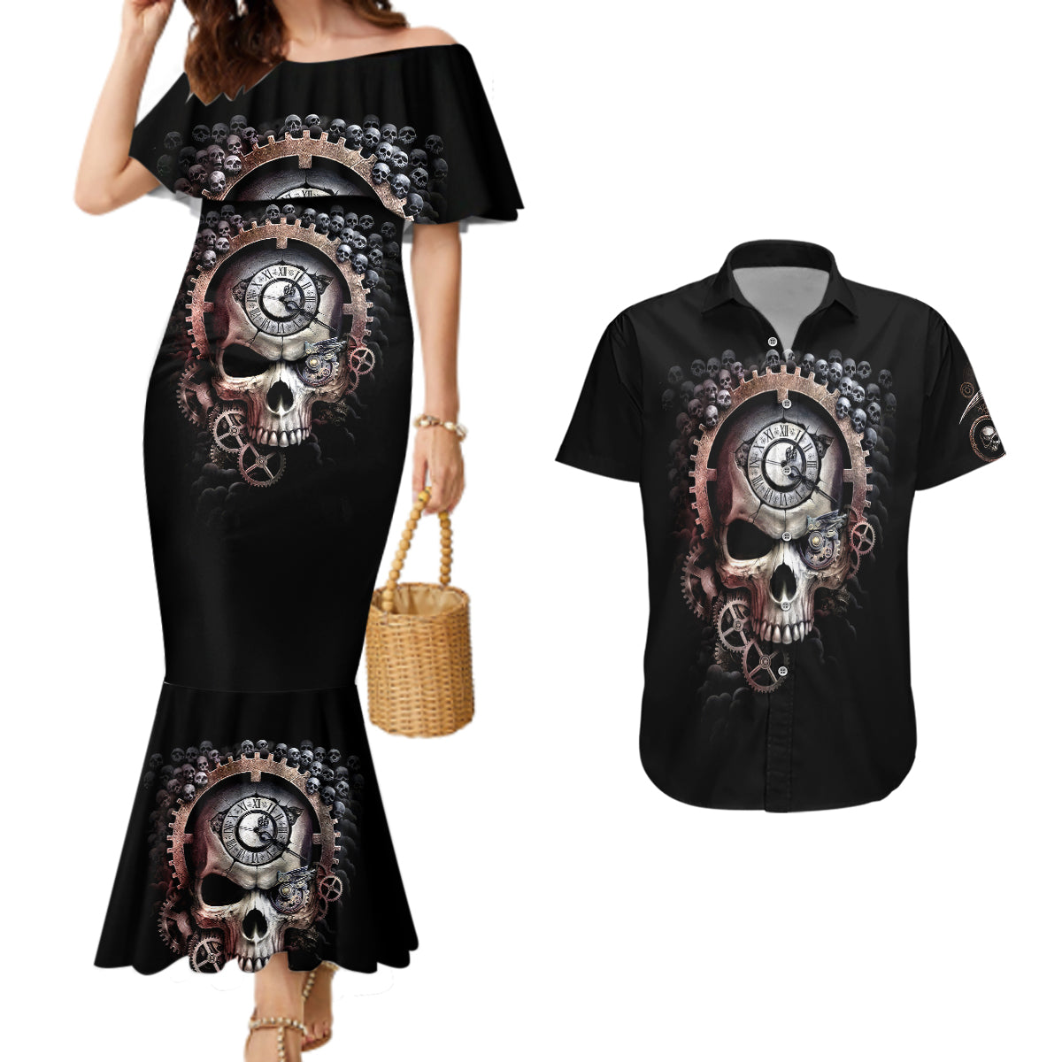 Skull Couples Matching Mermaid Dress And Hawaiian Shirt Skull Grim Time Reaper - Wonder Print Shop