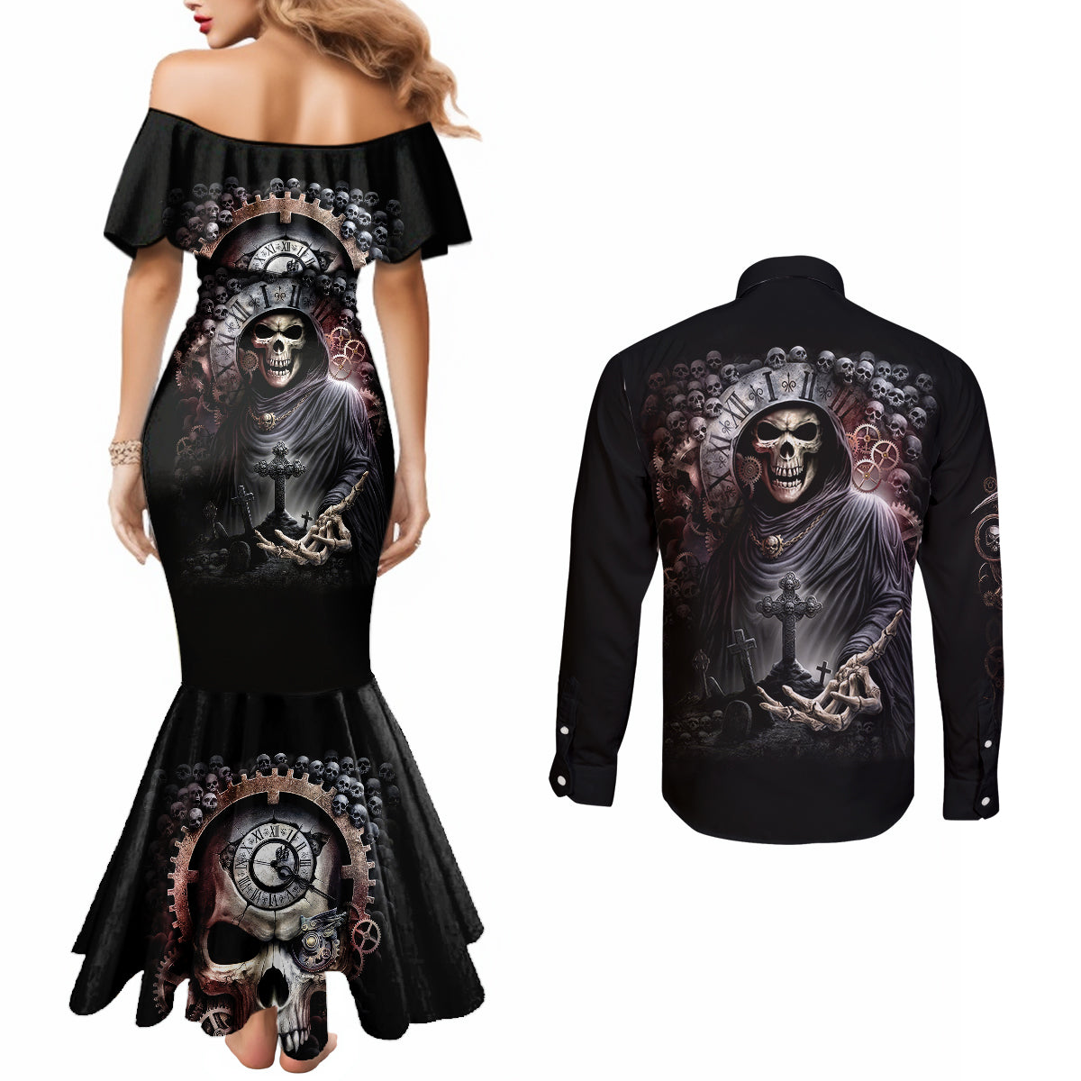 skull-couples-matching-mermaid-dress-and-long-sleeve-button-shirts-skull-grim-time-reaper