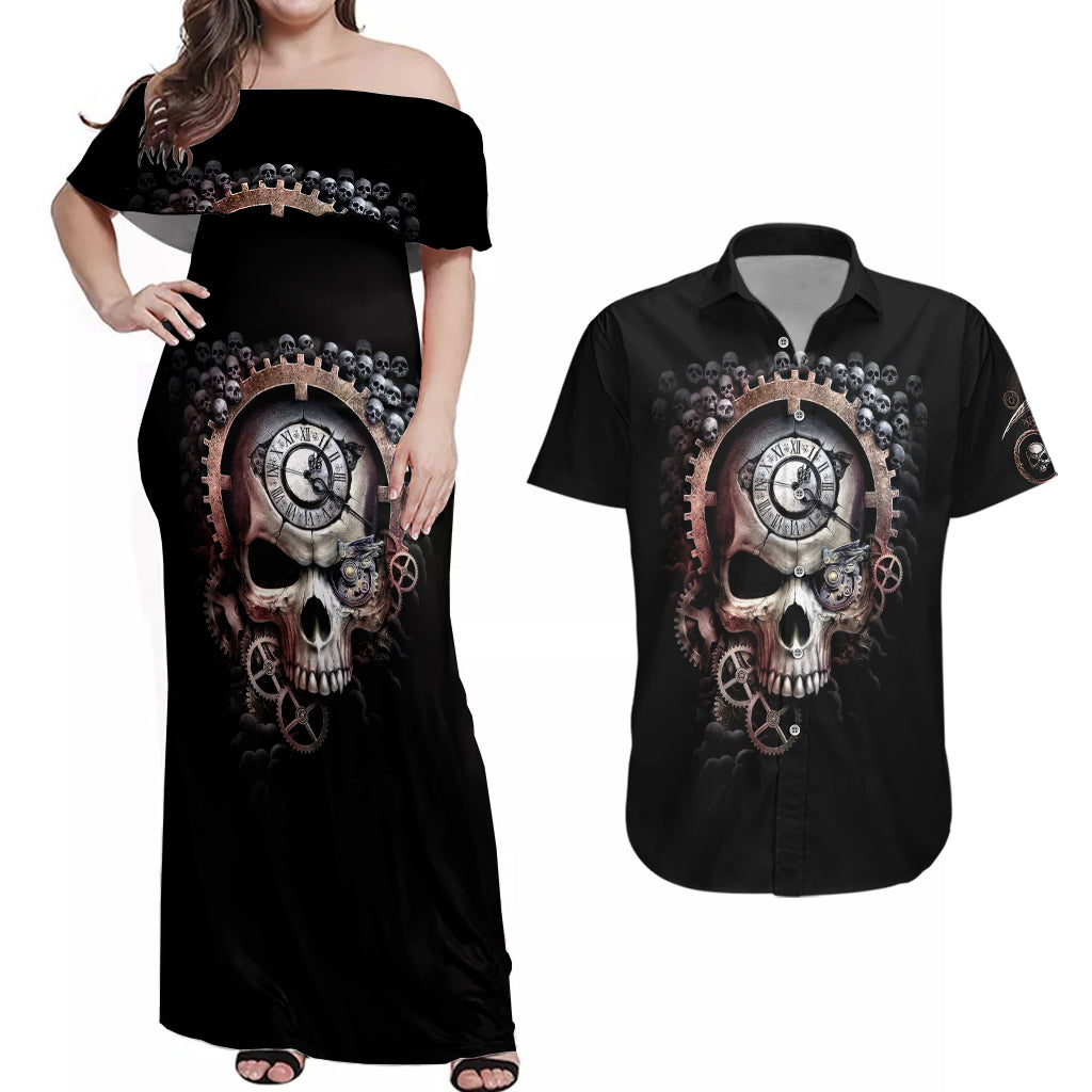Skull Couples Matching Off Shoulder Maxi Dress and Hawaiian Shirt Skull Grim Time Reaper - Wonder Print Shop