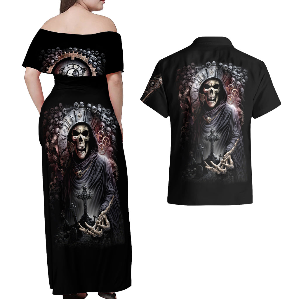 Skull Couples Matching Off Shoulder Maxi Dress and Hawaiian Shirt Skull Grim Time Reaper - Wonder Print Shop