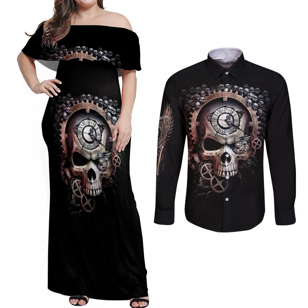 Skull Couples Matching Off Shoulder Maxi Dress and Long Sleeve Button Shirts Skull Grim Time Reaper - Wonder Print Shop