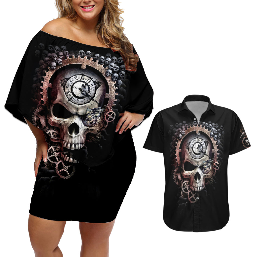 Skull Couples Matching Off Shoulder Short Dress and Hawaiian Shirt Skull Grim Time Reaper - Wonder Print Shop
