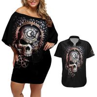 Skull Couples Matching Off Shoulder Short Dress and Hawaiian Shirt Skull Grim Time Reaper - Wonder Print Shop