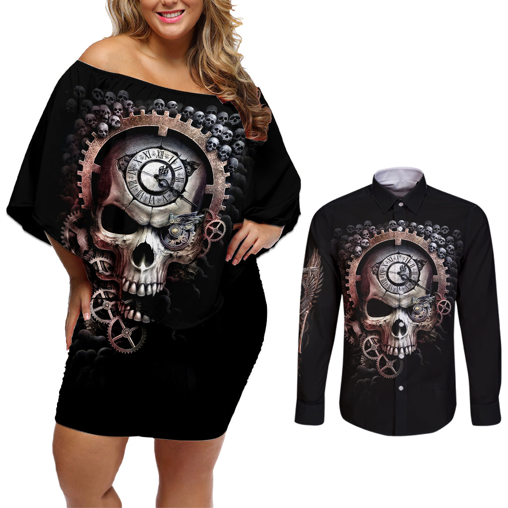 Skull Couples Matching Off Shoulder Short Dress and Long Sleeve Button Shirts Skull Grim Time Reaper - Wonder Print Shop