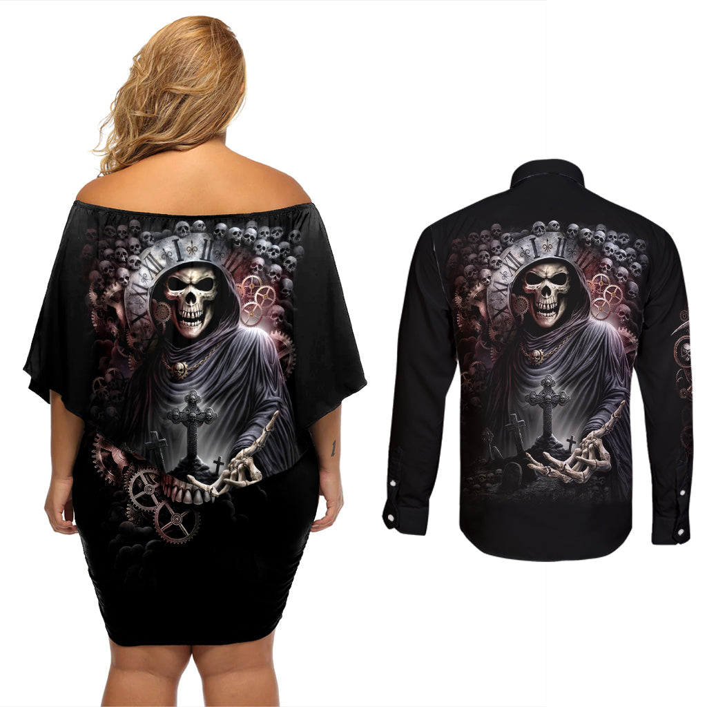 Skull Couples Matching Off Shoulder Short Dress and Long Sleeve Button Shirts Skull Grim Time Reaper - Wonder Print Shop
