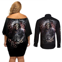 Skull Couples Matching Off Shoulder Short Dress and Long Sleeve Button Shirts Skull Grim Time Reaper - Wonder Print Shop