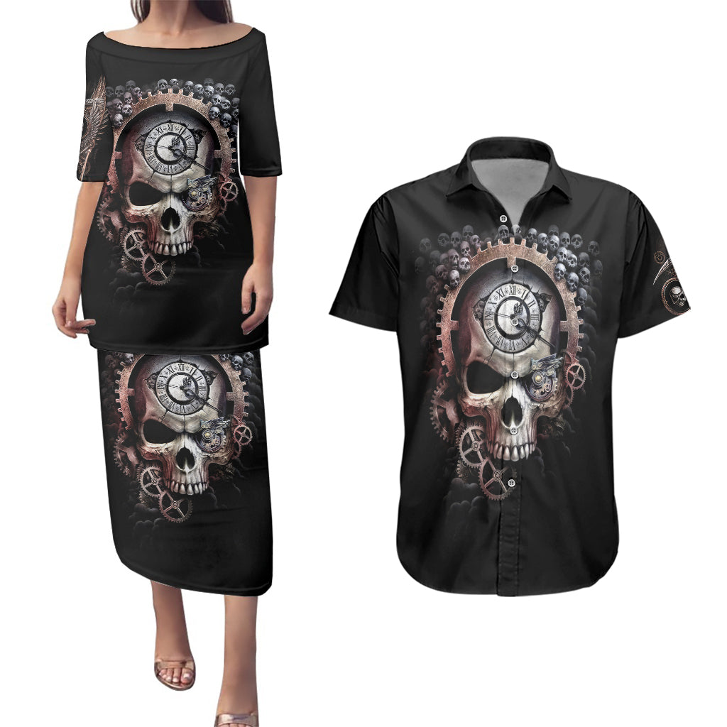 Skull Couples Matching Puletasi Dress and Hawaiian Shirt Skull Grim Time Reaper - Wonder Print Shop