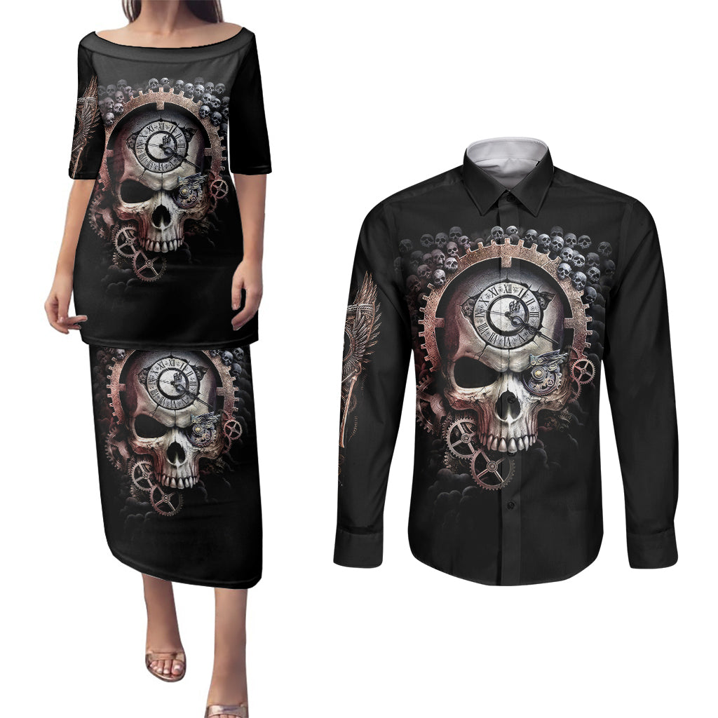 Skull Couples Matching Puletasi Dress and Long Sleeve Button Shirts Skull Grim Time Reaper - Wonder Print Shop