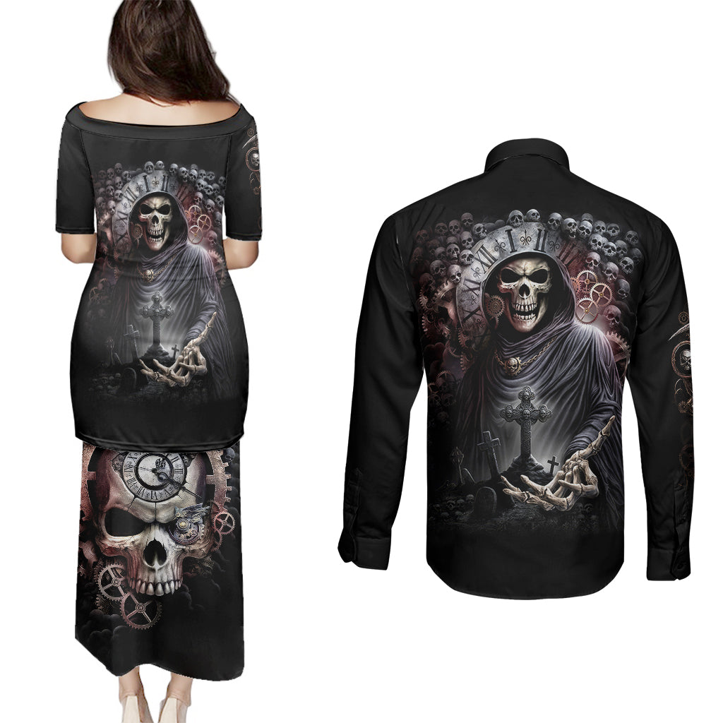 Skull Couples Matching Puletasi Dress and Long Sleeve Button Shirts Skull Grim Time Reaper - Wonder Print Shop