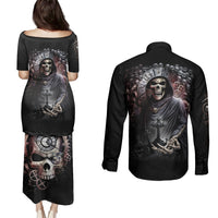 Skull Couples Matching Puletasi Dress and Long Sleeve Button Shirts Skull Grim Time Reaper - Wonder Print Shop