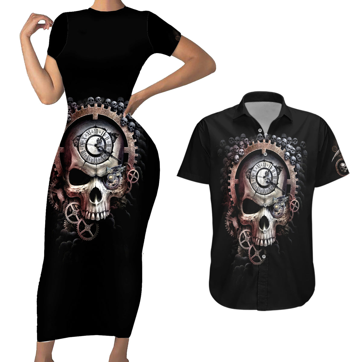 Skull Couples Matching Short Sleeve Bodycon Dress and Hawaiian Shirt Skull Grim Time Reaper - Wonder Print Shop