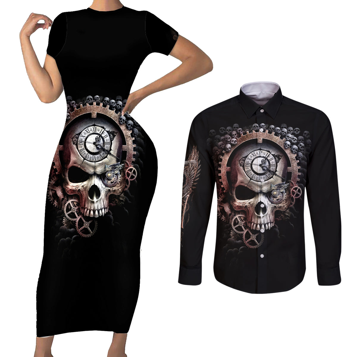 Skull Couples Matching Short Sleeve Bodycon Dress and Long Sleeve Button Shirts Skull Grim Time Reaper - Wonder Print Shop