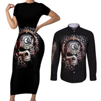 Skull Couples Matching Short Sleeve Bodycon Dress and Long Sleeve Button Shirts Skull Grim Time Reaper - Wonder Print Shop