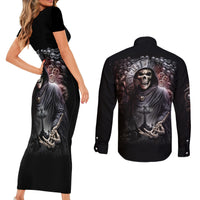 Skull Couples Matching Short Sleeve Bodycon Dress and Long Sleeve Button Shirts Skull Grim Time Reaper - Wonder Print Shop