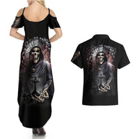Skull Couples Matching Summer Maxi Dress and Hawaiian Shirt Skull Grim Time Reaper - Wonder Print Shop