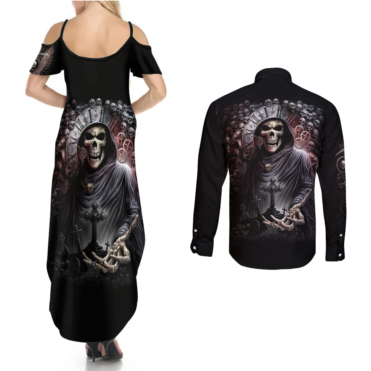 Skull Couples Matching Summer Maxi Dress and Long Sleeve Button Shirts Skull Grim Time Reaper - Wonder Print Shop