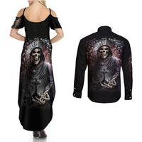 Skull Couples Matching Summer Maxi Dress and Long Sleeve Button Shirts Skull Grim Time Reaper - Wonder Print Shop