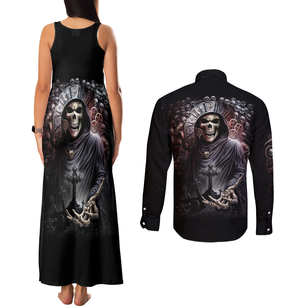 Skull Couples Matching Tank Maxi Dress and Long Sleeve Button Shirts Skull Grim Time Reaper - Wonder Print Shop