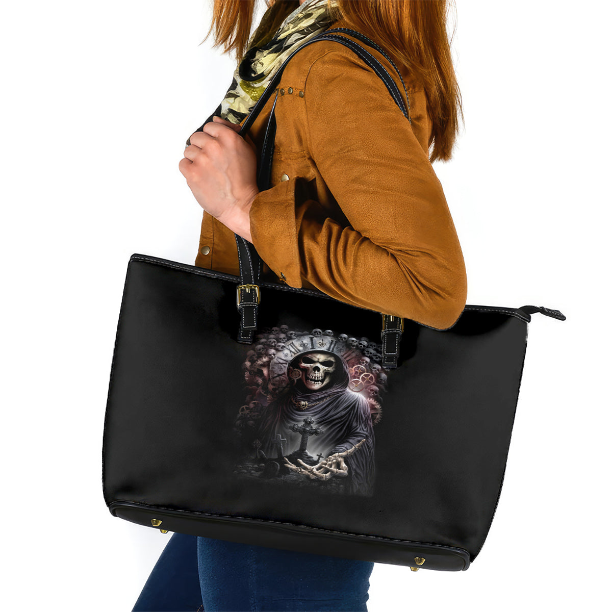 Skull Leather Tote Bag Skull Grim Time Reaper - Wonder Print Shop