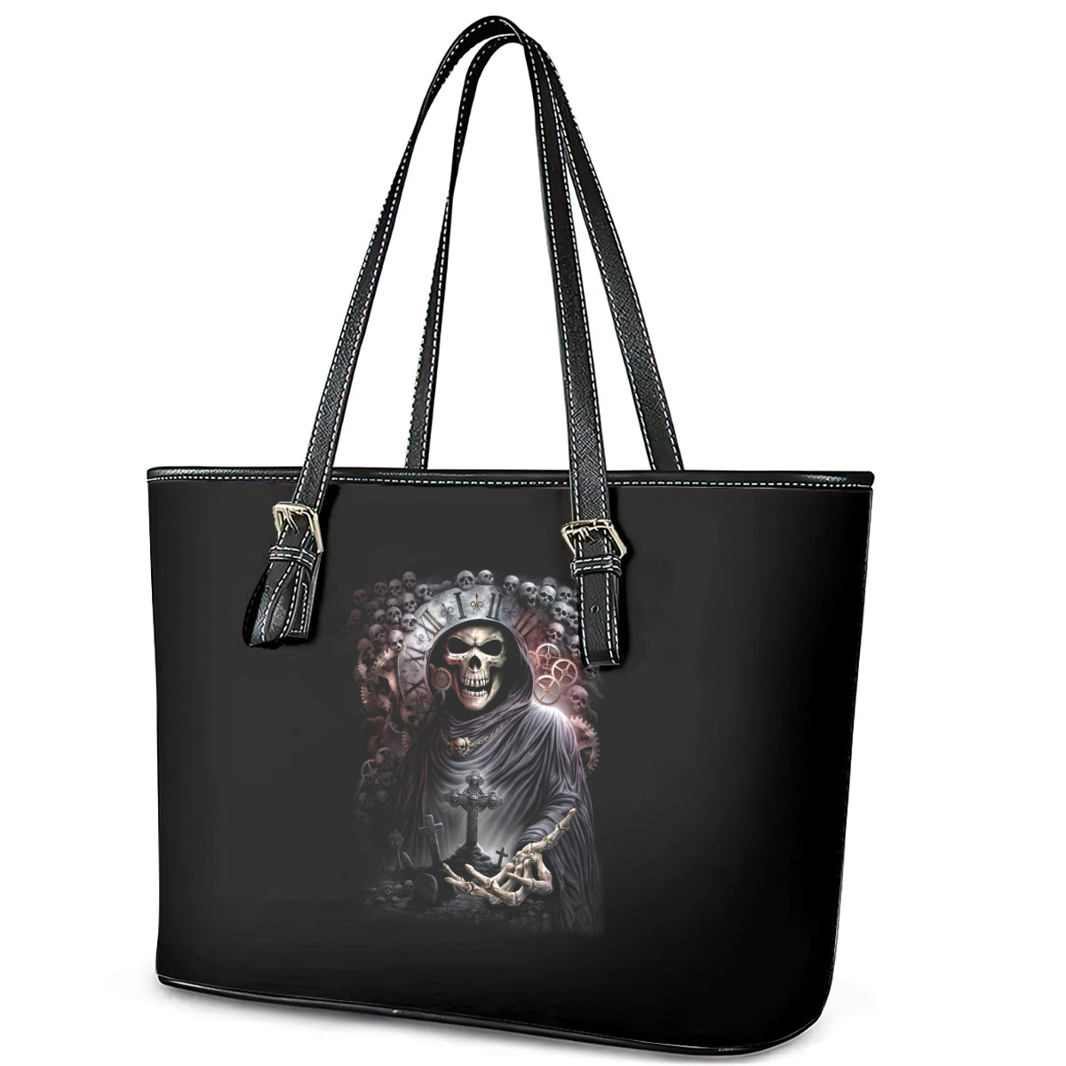 Skull Leather Tote Bag Skull Grim Time Reaper - Wonder Print Shop