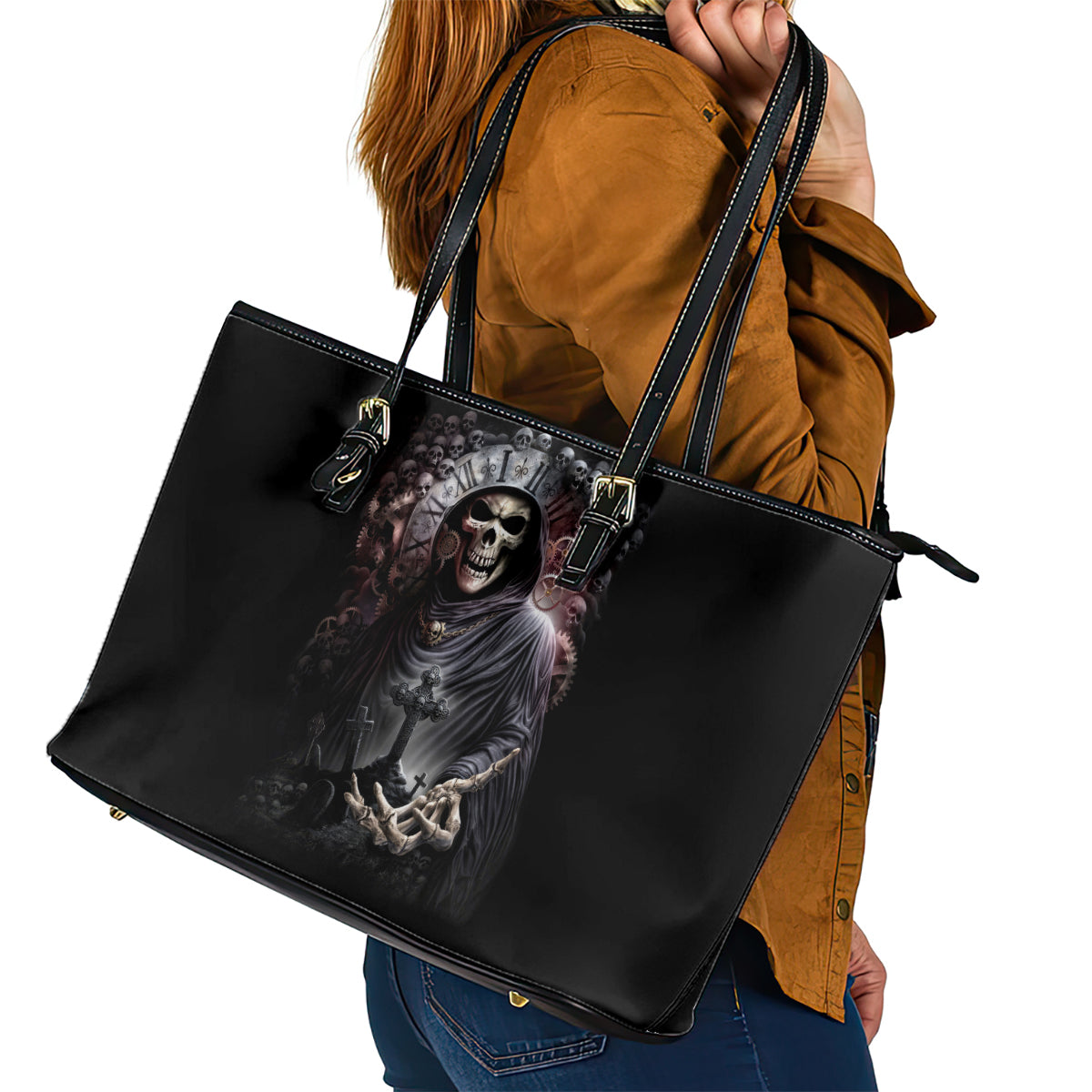 Skull Leather Tote Bag Skull Grim Time Reaper - Wonder Print Shop