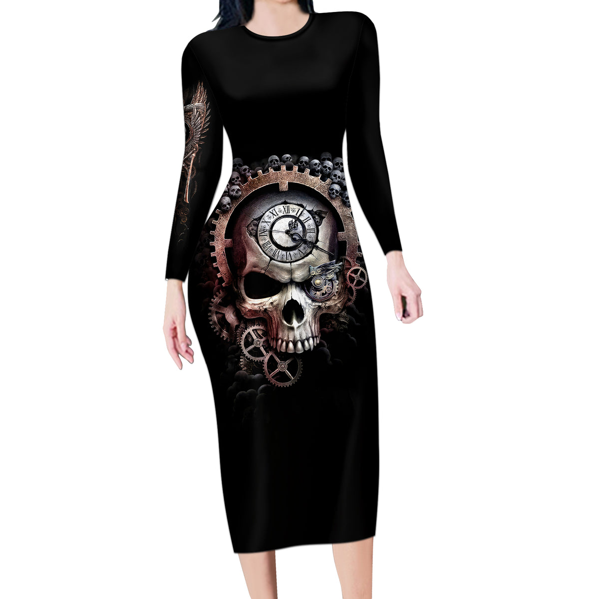 Skull Long Sleeve Bodycon Dress Skull Grim Time Reaper - Wonder Print Shop